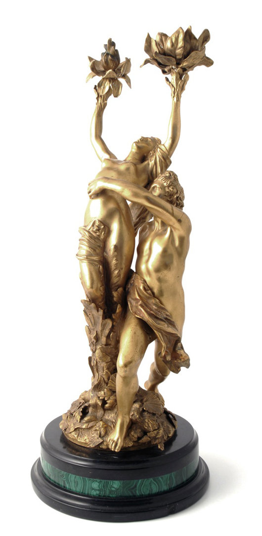A 19th century gilt bronze group of Apollo and Daphne on a malachite and marble base, priced at £750 ($1,190) with Antediluvian at the Chelsea Antiques Fair. Image courtesy Antediluvian.